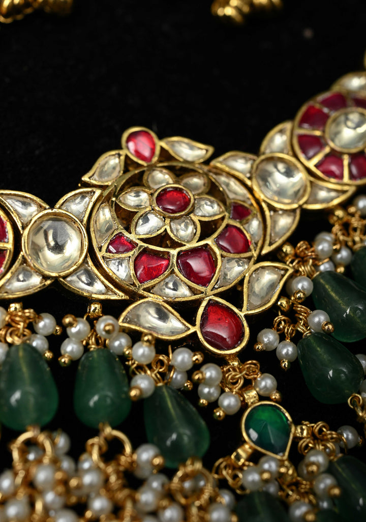 Ahmedabadi Jadau Kundan Necklace Set with Dangling beads