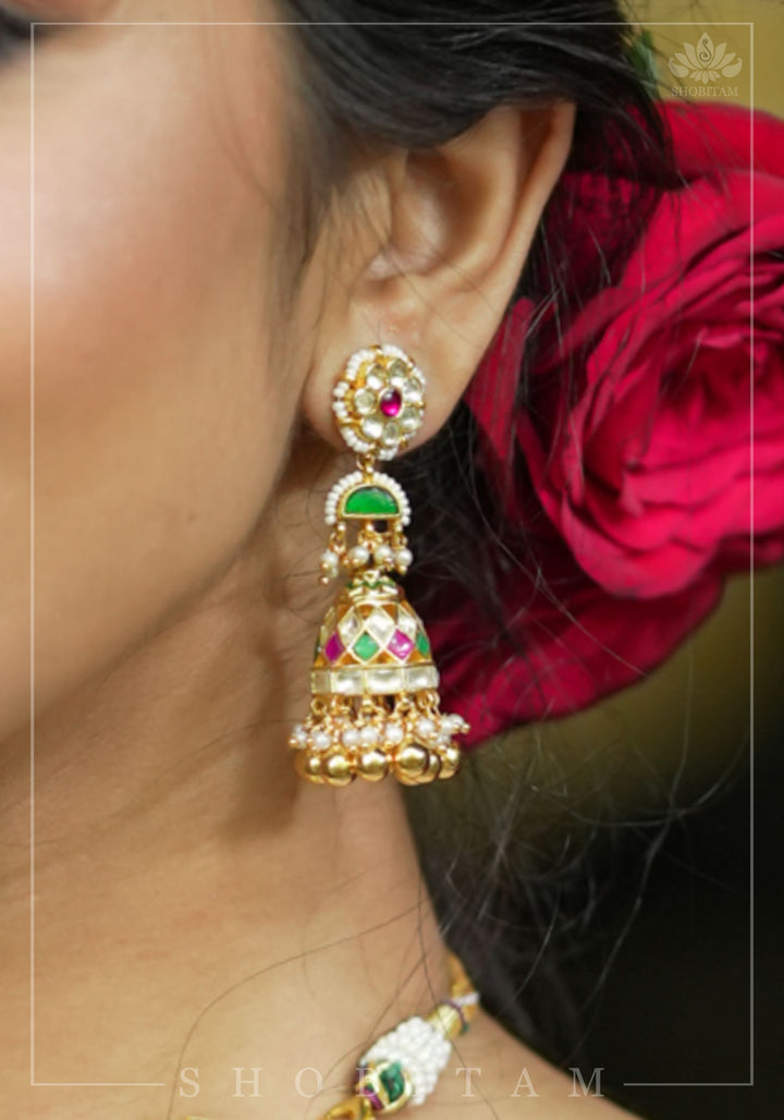 2.3" Kundan and Green,pink,white stone Jhumka earrings | Shobitam Jewelry