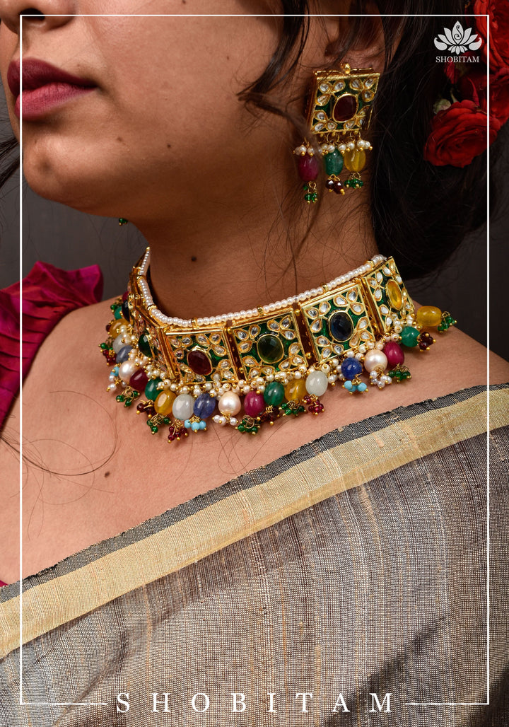 Statement Fusion necklace Set with Multicolor stones and encrusted stones | Shobitam Jewelry