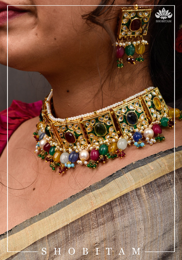 Statement Fusion necklace Set with Multicolor stones and encrusted stones | Shobitam Jewelry