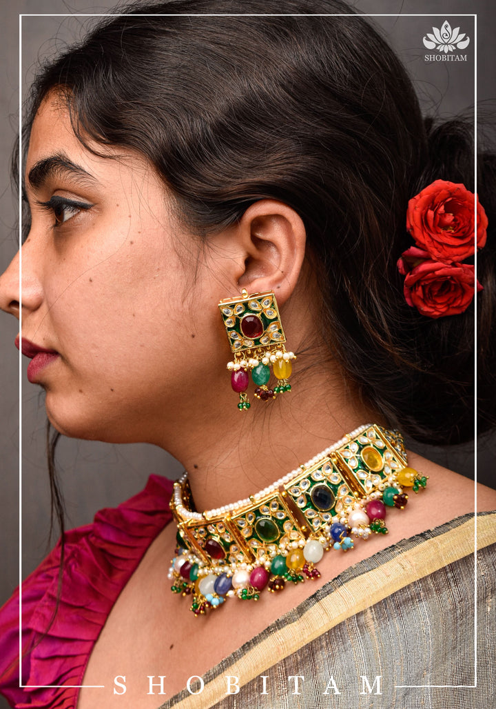 Statement Fusion necklace Set with Multicolor stones and encrusted stones | Shobitam Jewelry