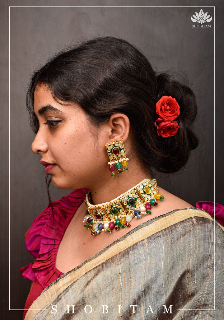 Statement Fusion necklace Set with Multicolor stones and encrusted stones | Shobitam Jewelry