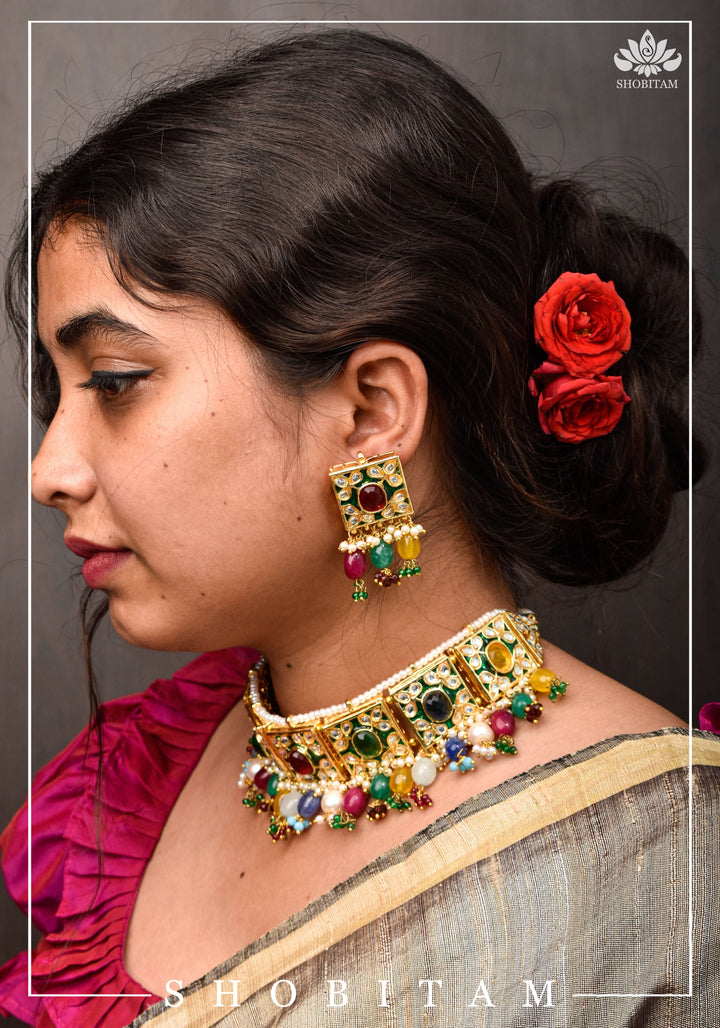 Statement Fusion necklace Set with Multicolor stones and encrusted stones | Shobitam Jewelry