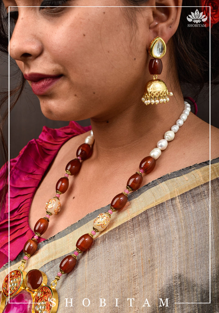 Statement Pink Agate Necklace Set | Shobitam Jewelry