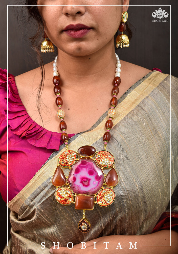 Statement Pink Agate Necklace Set | Shobitam Jewelry