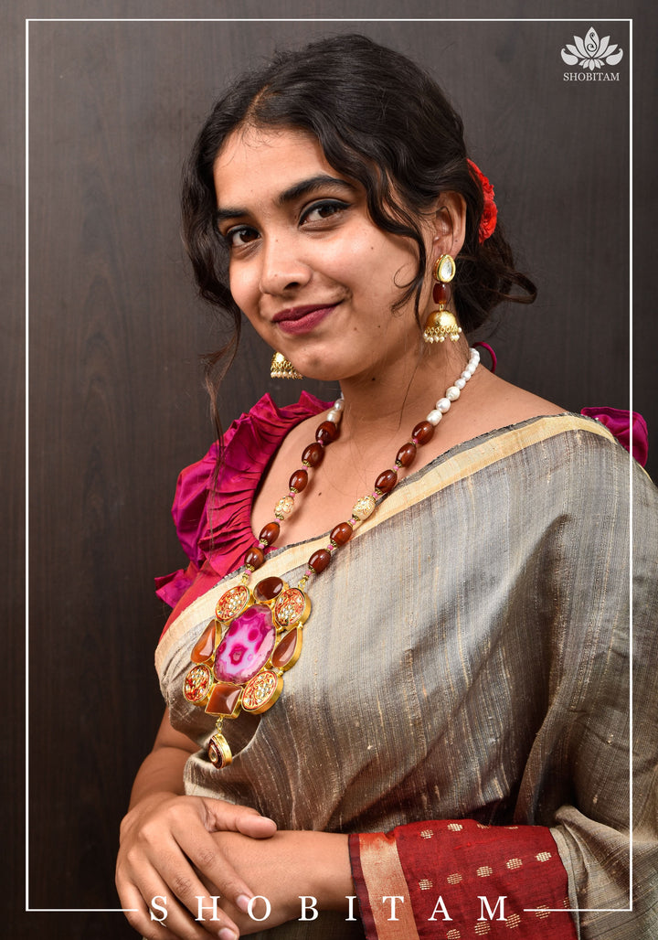 Statement Pink Agate Necklace Set | Shobitam Jewelry