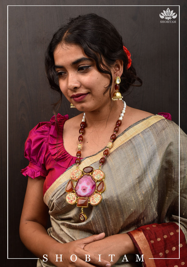 Statement Pink Agate Necklace Set | Shobitam Jewelry
