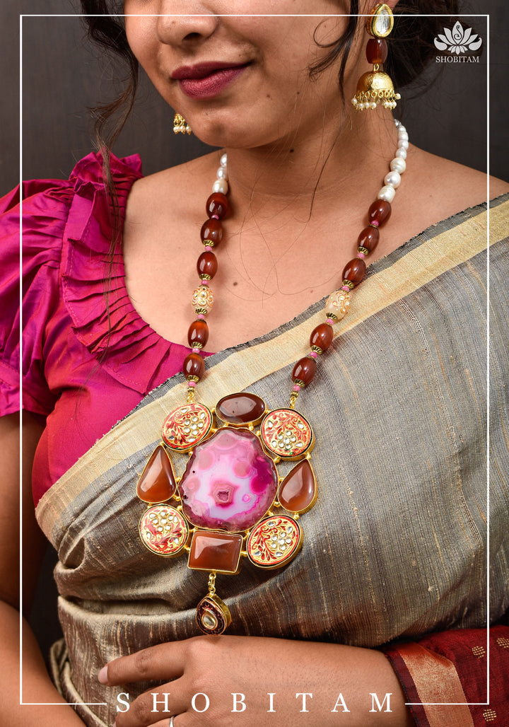 Statement Pink Agate Necklace Set | Shobitam Jewelry
