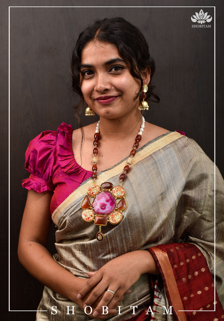 Statement Pink Agate Necklace Set | Shobitam Jewelry