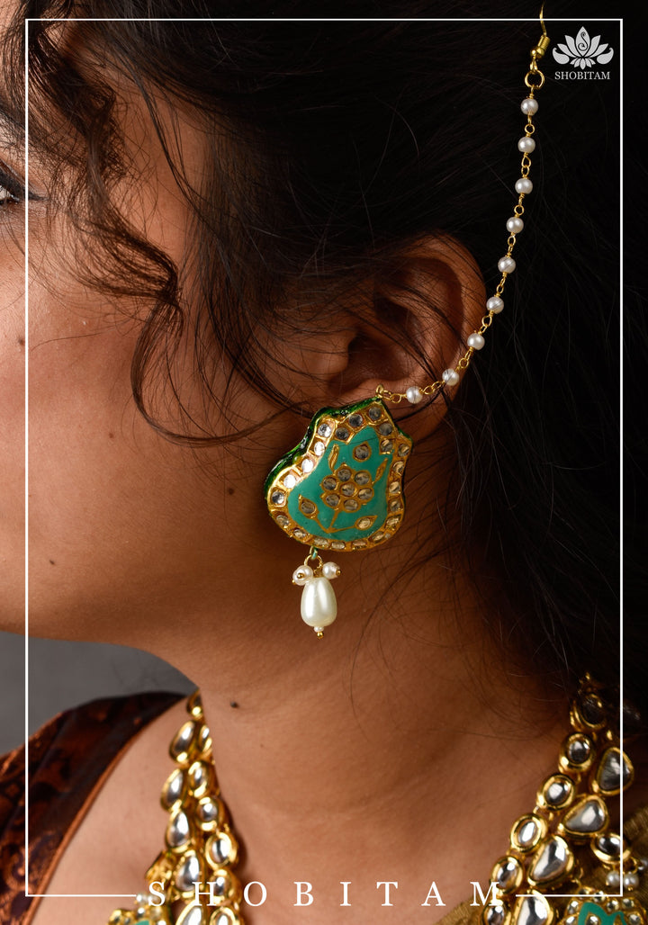 Statement Kundan and Lacquer Jewelry Set in Sage and Gold | Shobitam Jewelry
