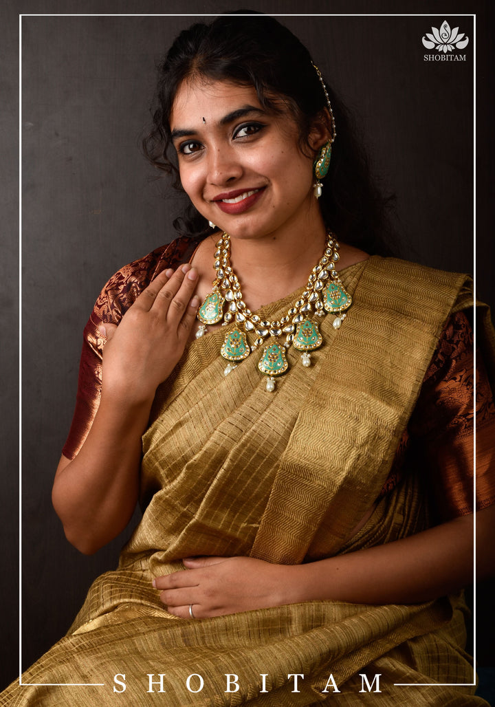 Statement Kundan and Lacquer Jewelry Set in Sage and Gold | Shobitam Jewelry