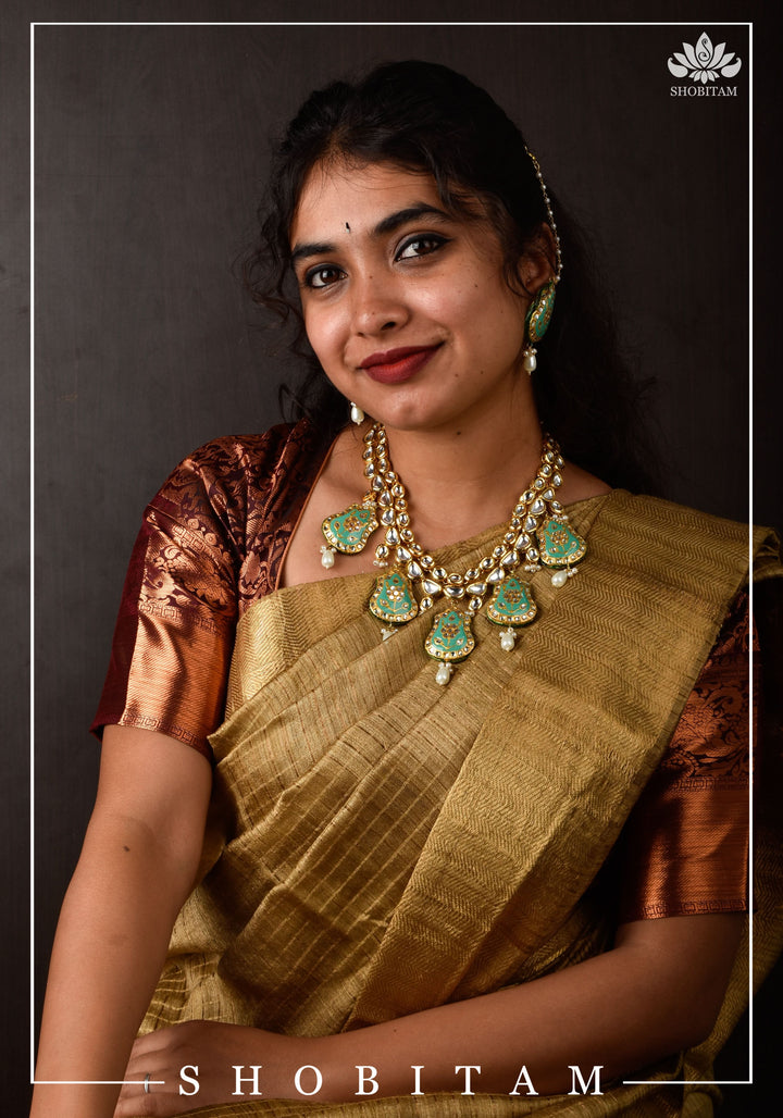 Statement Kundan and Lacquer Jewelry Set in Sage and Gold | Shobitam Jewelry