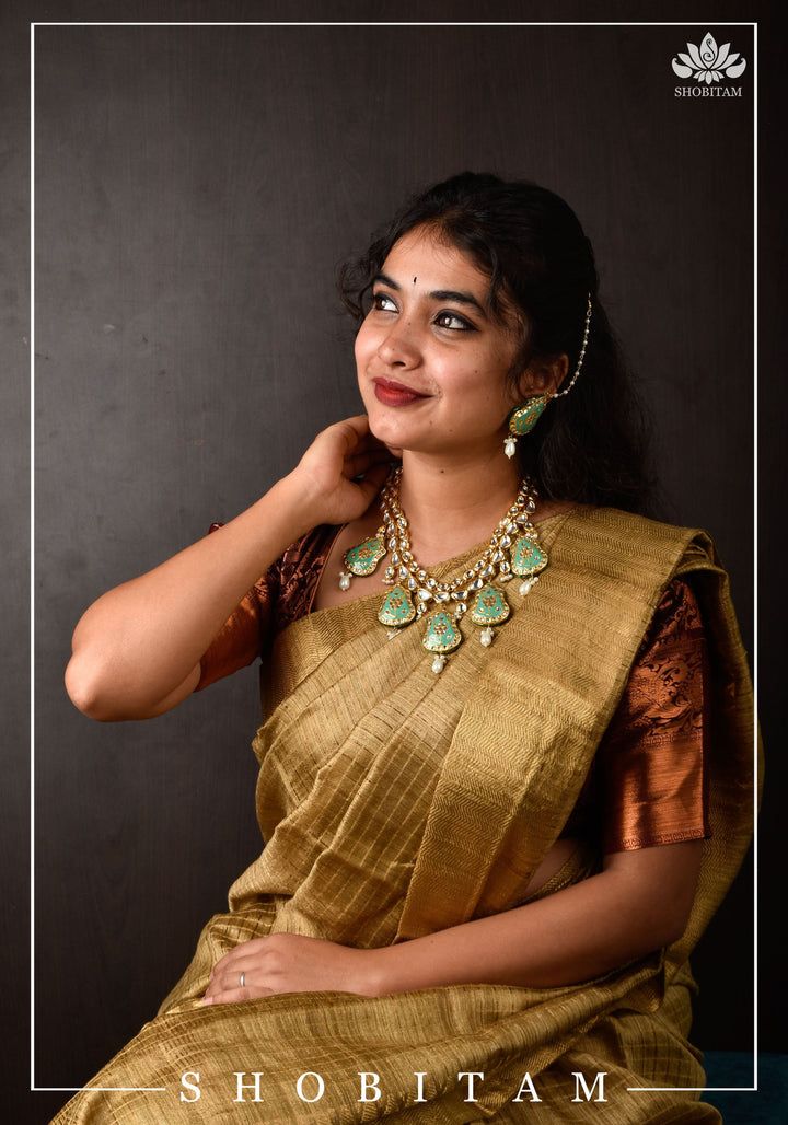 Statement Kundan and Lacquer Jewelry Set in Sage and Gold | Shobitam Jewelry