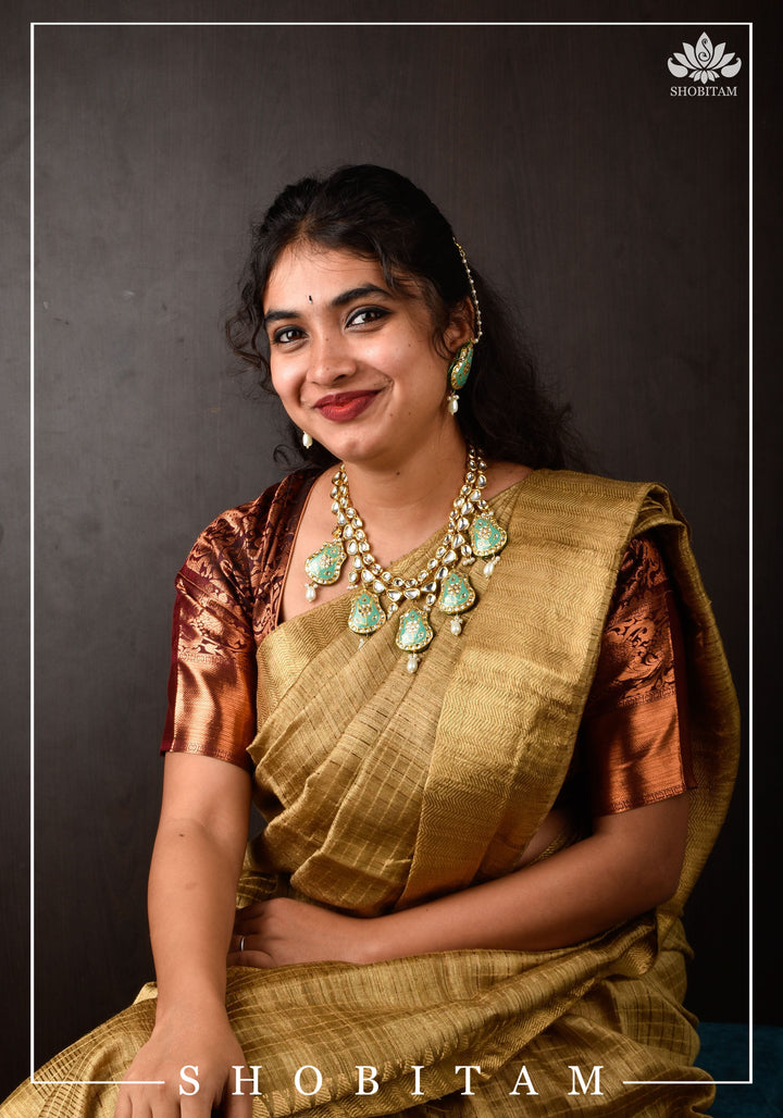Statement Kundan and Lacquer Jewelry Set in Sage and Gold | Shobitam Jewelry
