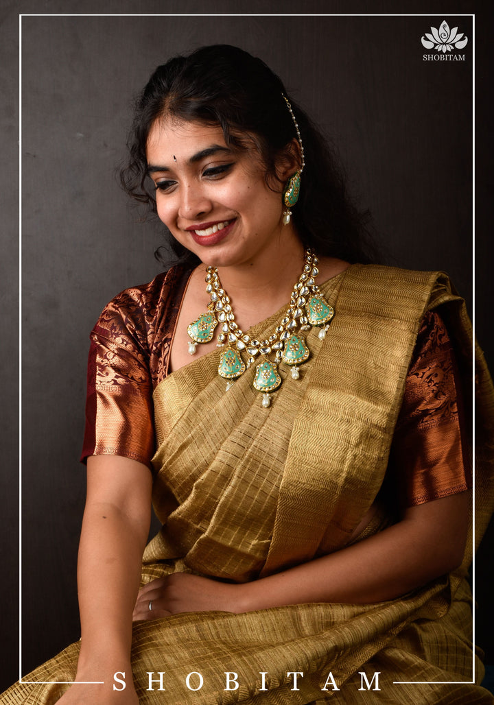 Statement Kundan and Lacquer Jewelry Set in Sage and Gold | Shobitam Jewelry