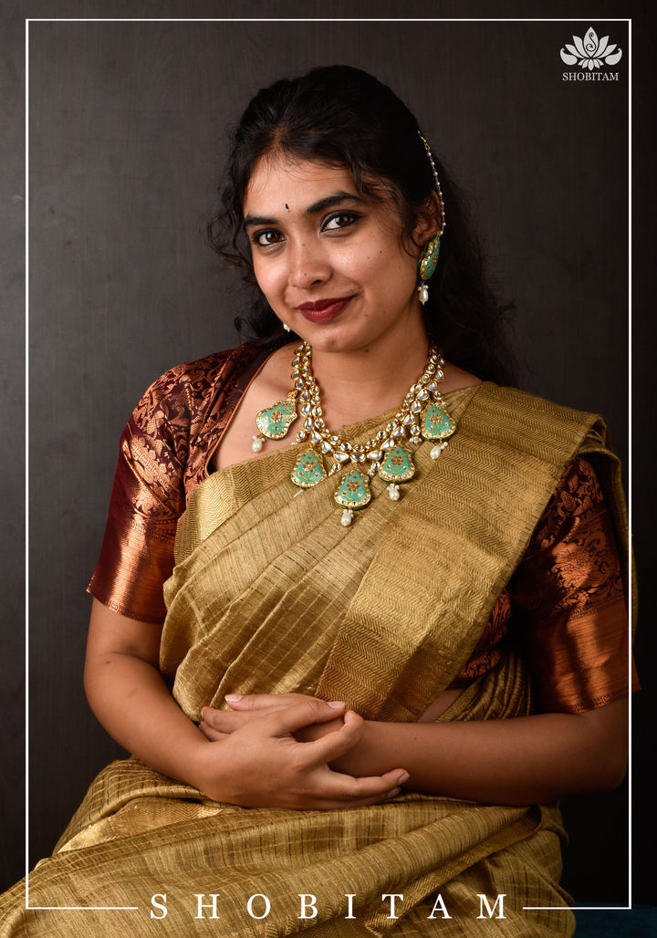 Statement Kundan and Lacquer Jewelry Set in Sage and Gold | Shobitam Jewelry