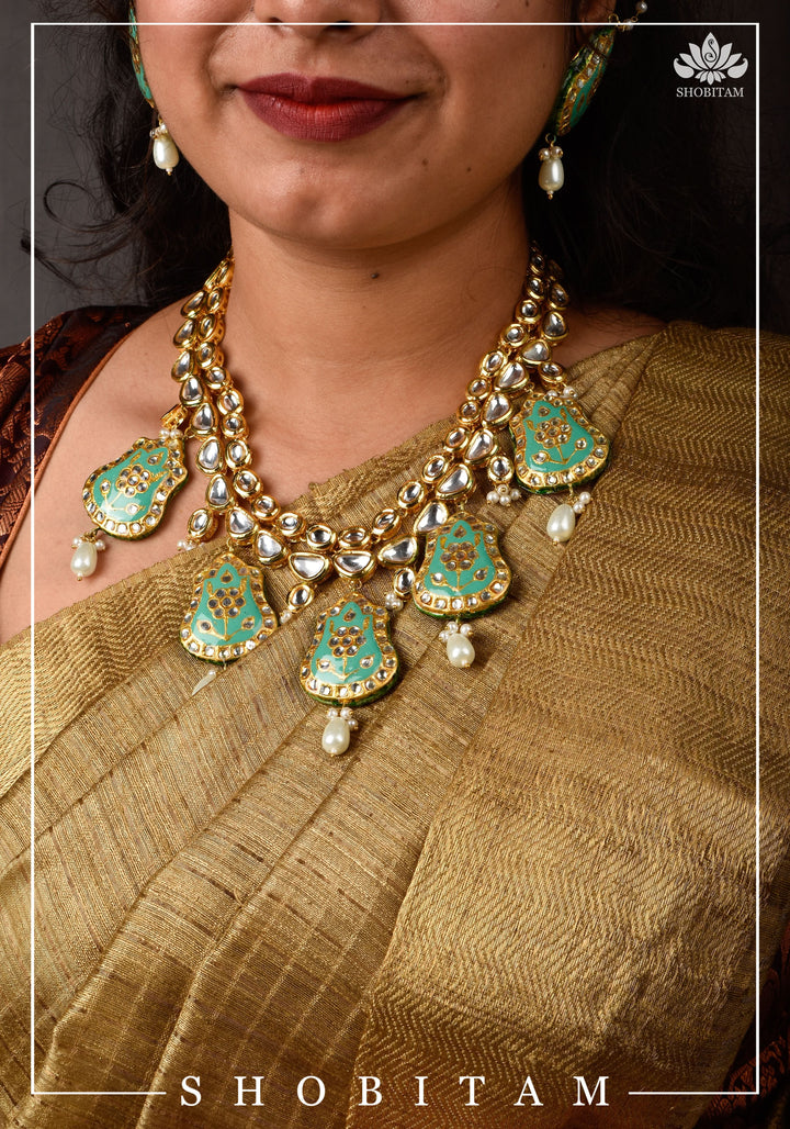 Statement Kundan and Lacquer Jewelry Set in Sage and Gold | Shobitam Jewelry