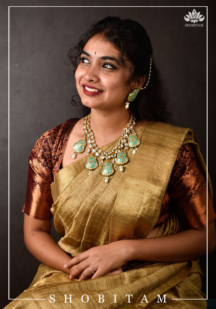 Statement Kundan and Lacquer Jewelry Set in Sage and Gold | Shobitam Jewelry