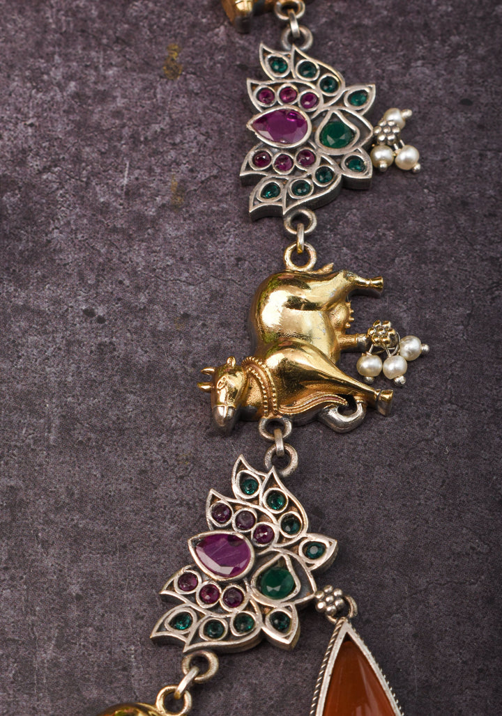 Fusion Dual Tone Jewelry with Pichwai Cow Units and burnt orange Stones | Shobitam Jewelry
