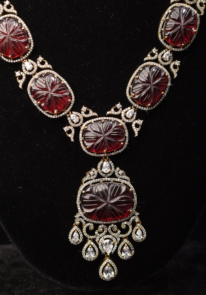 Maroon Tone Carved Rounded Rectangular Cut Stone Necklace in Victorian finish | Shobitam Jewelry