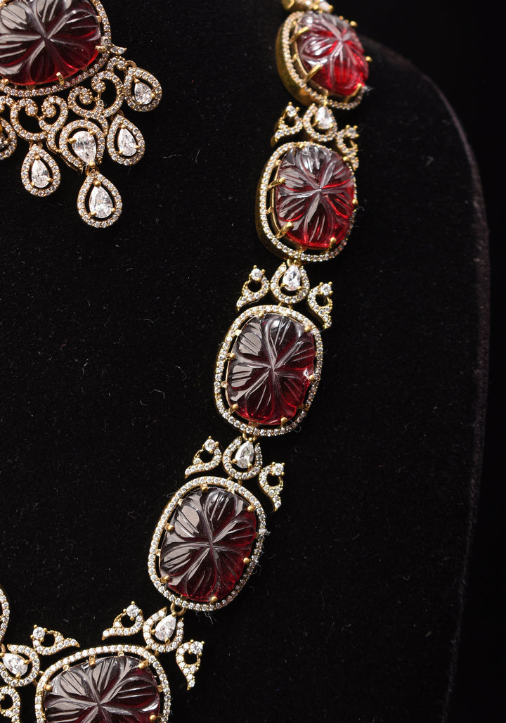 Maroon Tone Carved Rounded Rectangular Cut Stone Necklace in Victorian finish | Shobitam Jewelry