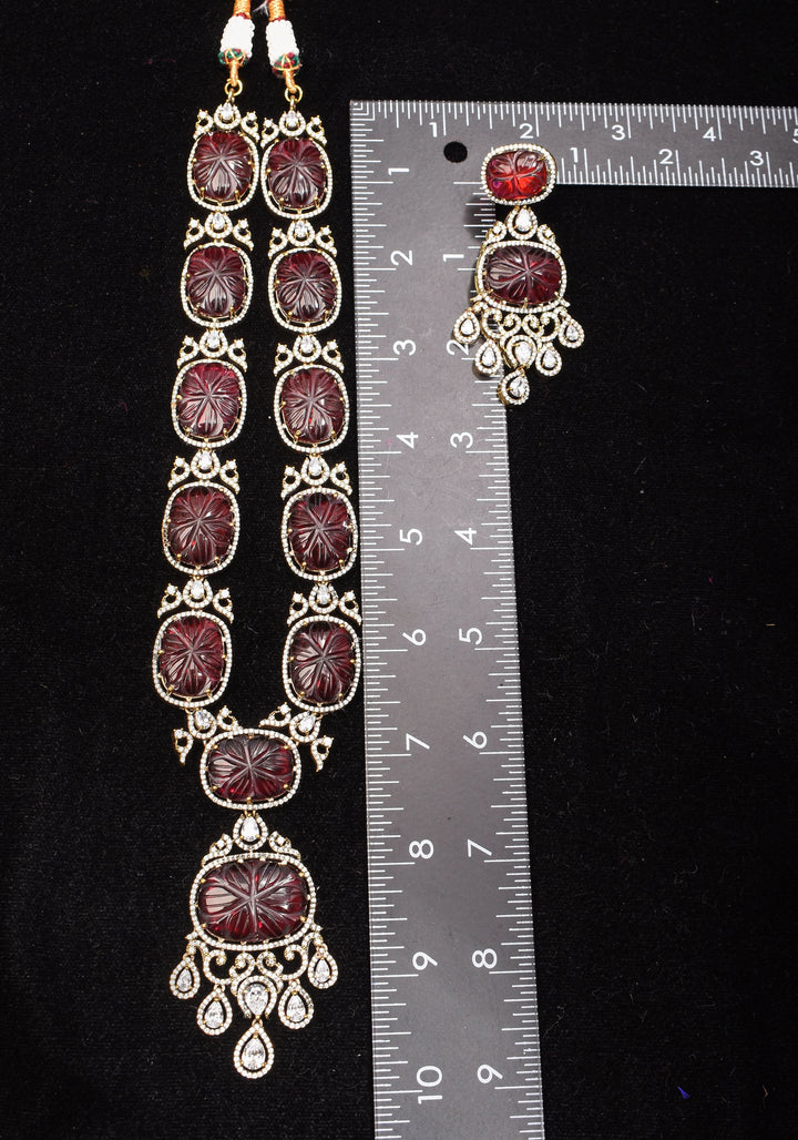 Maroon Tone Carved Rounded Rectangular Cut Stone Necklace in Victorian finish | Shobitam Jewelry