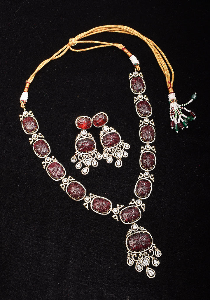 Maroon Tone Carved Rounded Rectangular Cut Stone Necklace in Victorian finish | Shobitam Jewelry