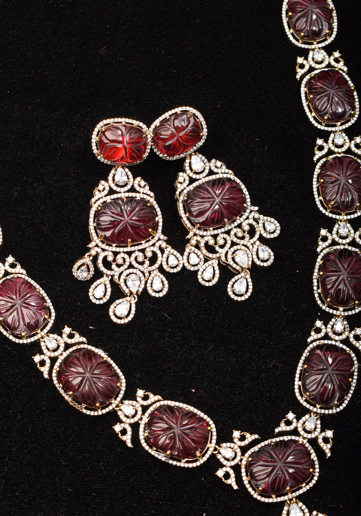 Maroon Tone Carved Rounded Rectangular Cut Stone Necklace in Victorian finish | Shobitam Jewelry