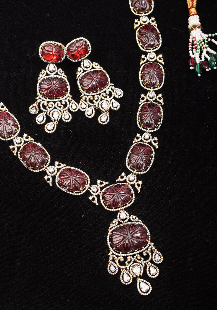 Maroon Tone Carved Rounded Rectangular Cut Stone Necklace in Victorian finish | Shobitam Jewelry