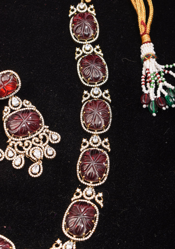 Maroon Tone Carved Rounded Rectangular Cut Stone Necklace in Victorian finish | Shobitam Jewelry