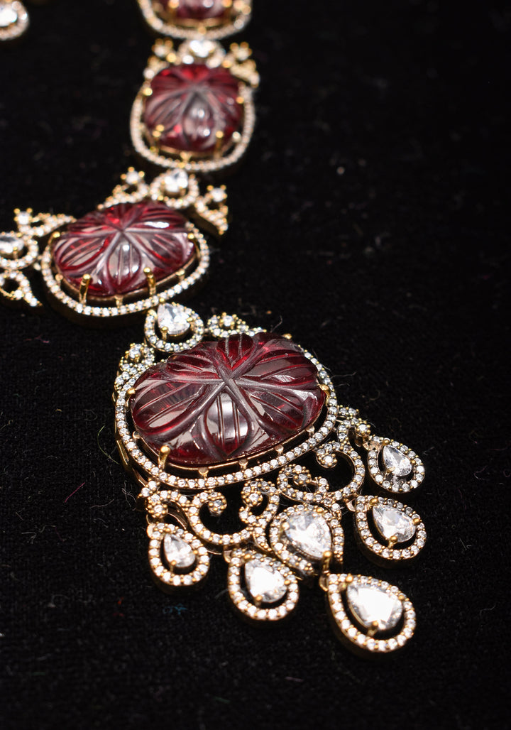 Maroon Tone Carved Rounded Rectangular Cut Stone Necklace in Victorian finish | Shobitam Jewelry