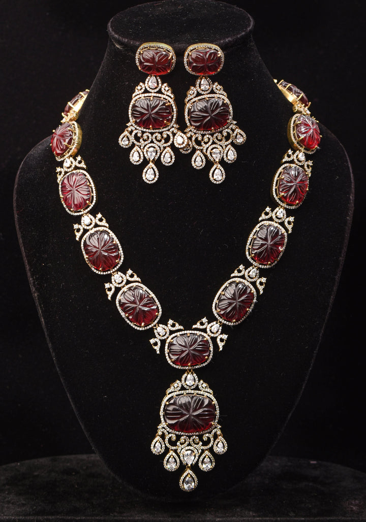 Maroon Tone Carved Rounded Rectangular Cut Stone Necklace in Victorian finish | Shobitam Jewelry