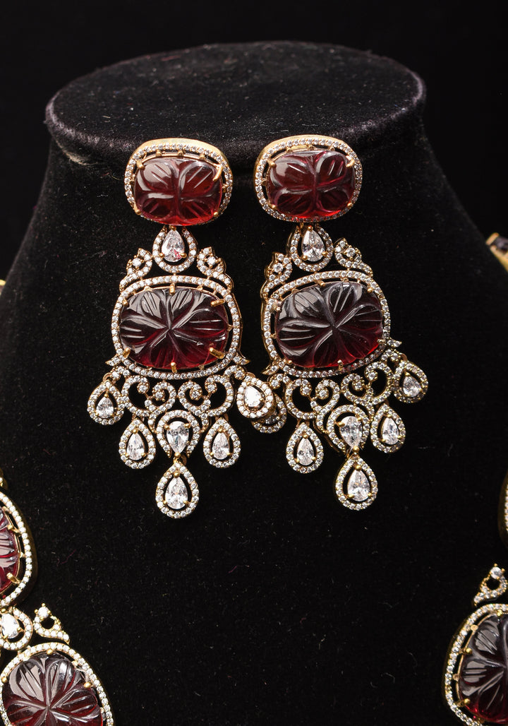 Maroon Tone Carved Rounded Rectangular Cut Stone Necklace in Victorian finish | Shobitam Jewelry