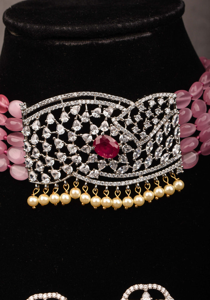 Victorian Pendant with Translucent Pink Oval Shape Bead Strands Choker Set | Shobitam Jewelry