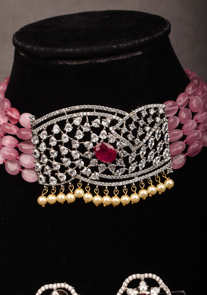 Victorian Pendant with Translucent Pink Oval Shape Bead Strands Choker Set | Shobitam Jewelry