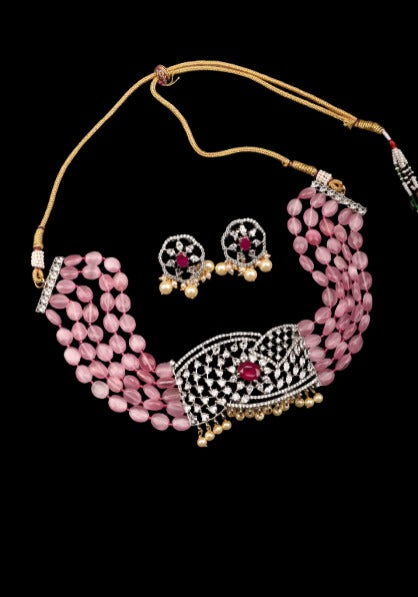 Victorian Pendant with Translucent Pink Oval Shape Bead Strands Choker Set | Shobitam Jewelry