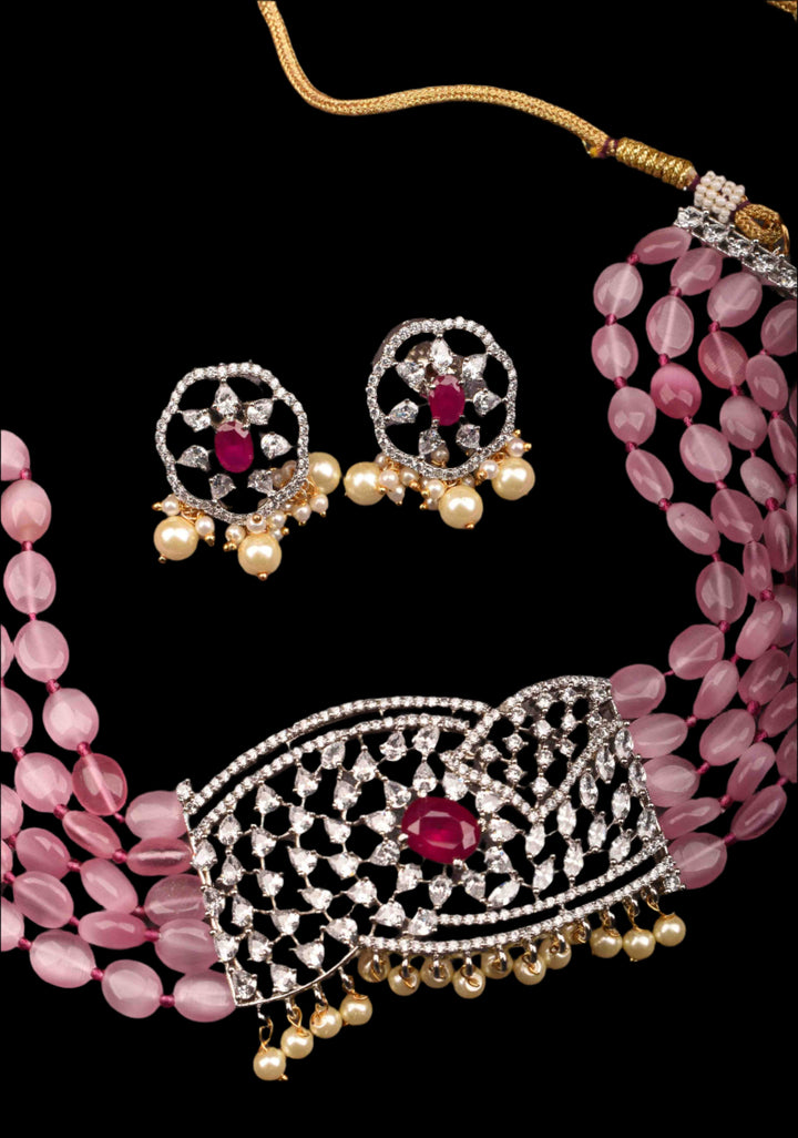 Victorian Pendant with Translucent Pink Oval Shape Bead Strands Choker Set | Shobitam Jewelry