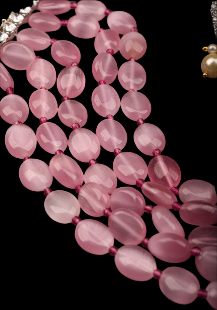 Victorian Pendant with Translucent Pink Oval Shape Bead Strands Choker Set | Shobitam Jewelry