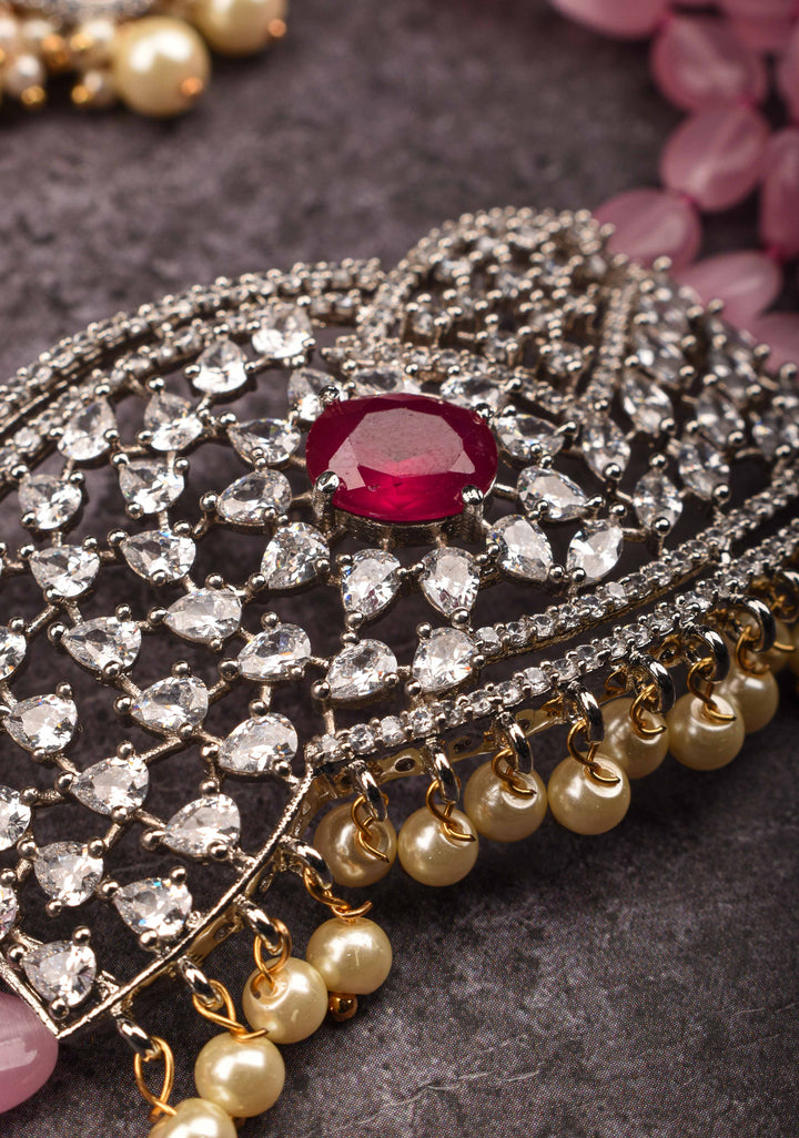 Victorian Pendant with Translucent Pink Oval Shape Bead Strands Choker Set | Shobitam Jewelry