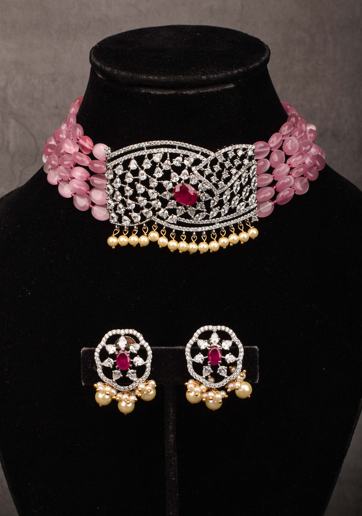 Victorian Pendant with Translucent Pink Oval Shape Bead Strands Choker Set | Shobitam Jewelry