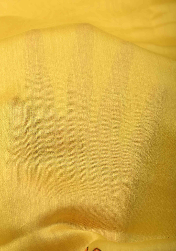 Yellow Chanderi Silk Saree with Madhubani Handpainted and Minimal Zari Border