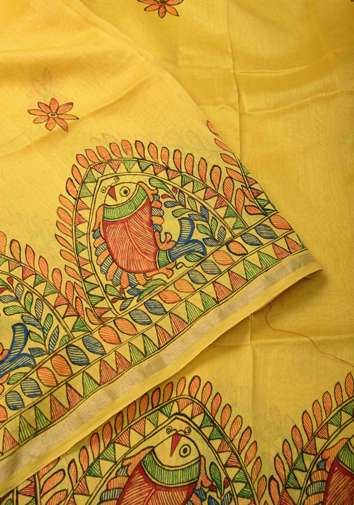 Yellow Chanderi Silk Saree with Madhubani Handpainted and Minimal Zari Border