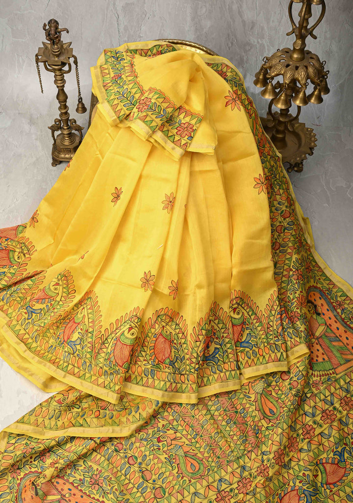 Yellow Chanderi Silk Saree with Madhubani Handpainted and Minimal Zari Border