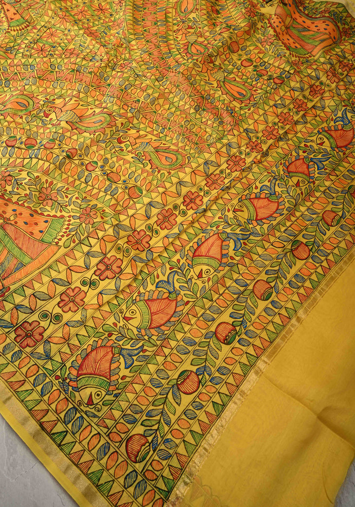 Yellow Chanderi Silk Saree with Madhubani Handpainted and Minimal Zari Border