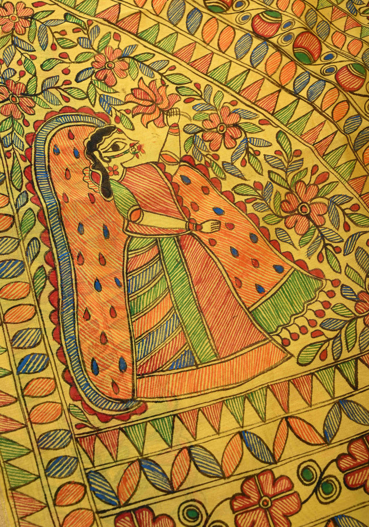 Yellow Chanderi Silk Saree with Madhubani Handpainted and Minimal Zari Border