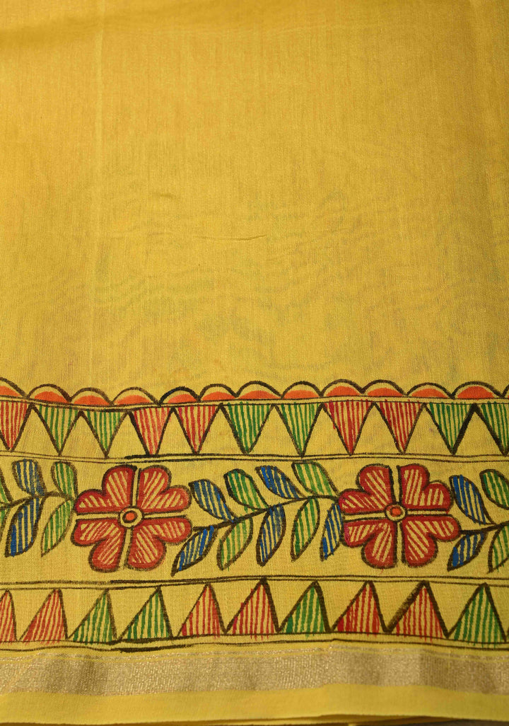 Yellow Chanderi Silk Saree with Madhubani Handpainted and Minimal Zari Border