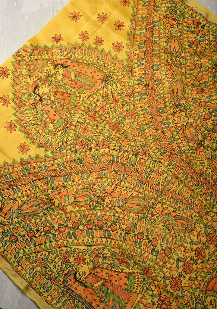 Yellow Chanderi Silk Saree with Madhubani Handpainted and Minimal Zari Border