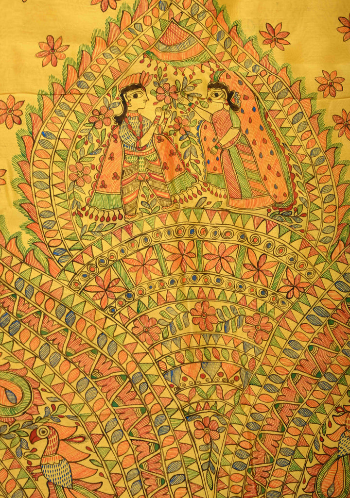 Yellow Chanderi Silk Saree with Madhubani Handpainted and Minimal Zari Border