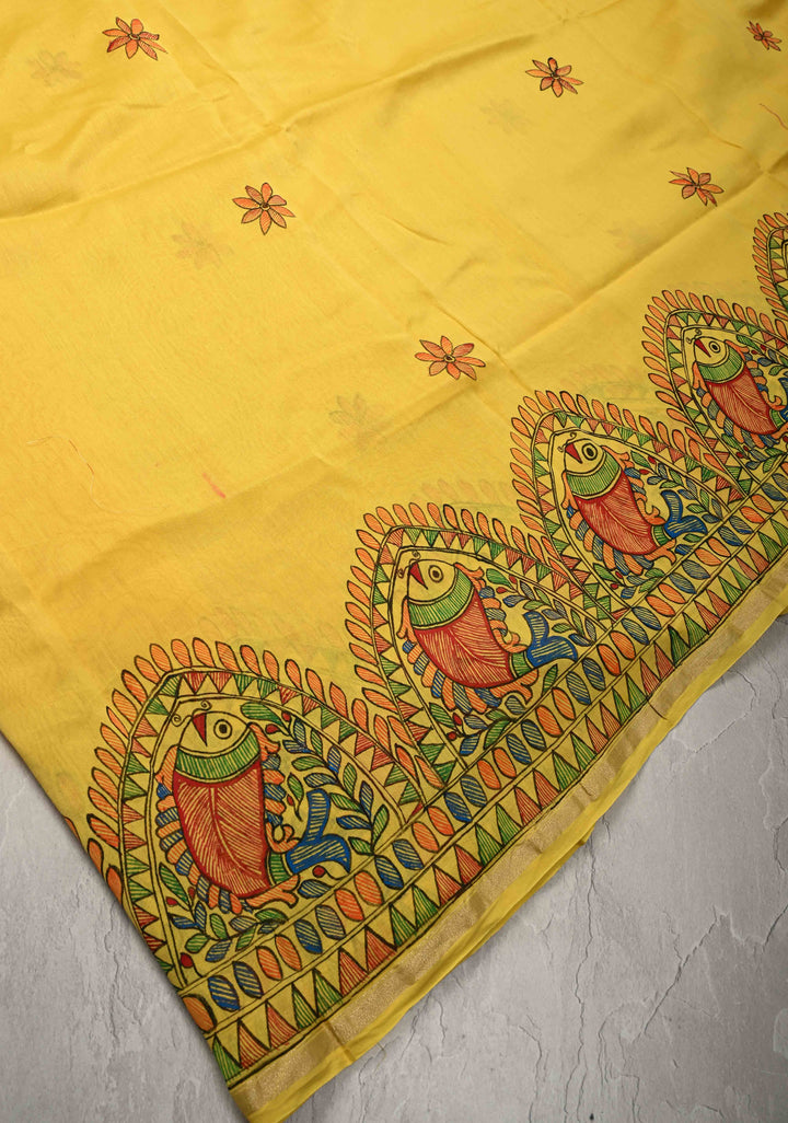 Yellow Chanderi Silk Saree with Madhubani Handpainted and Minimal Zari Border