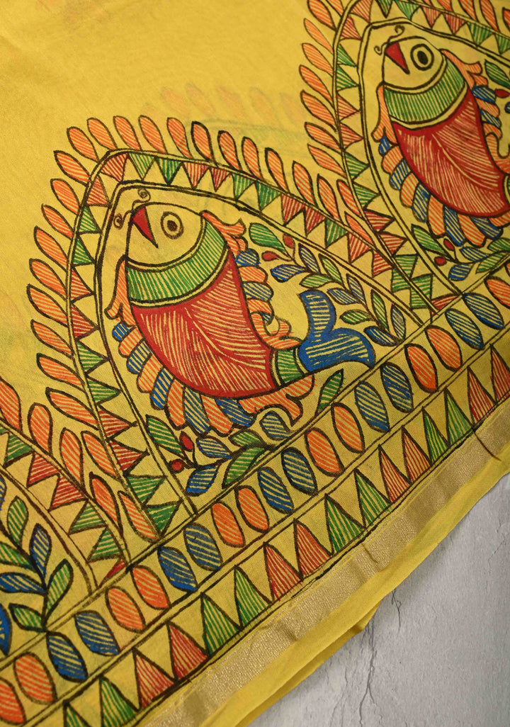 Yellow Chanderi Silk Saree with Madhubani Handpainted and Minimal Zari Border
